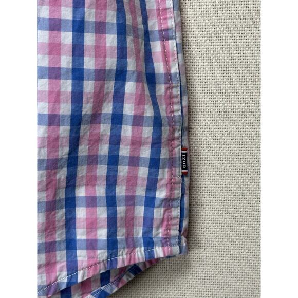 IZOD Mens Sz L Short Sleeve Button Down Shirt Blue Pink White Plaid 100% Cotton - Picture 3 of 11